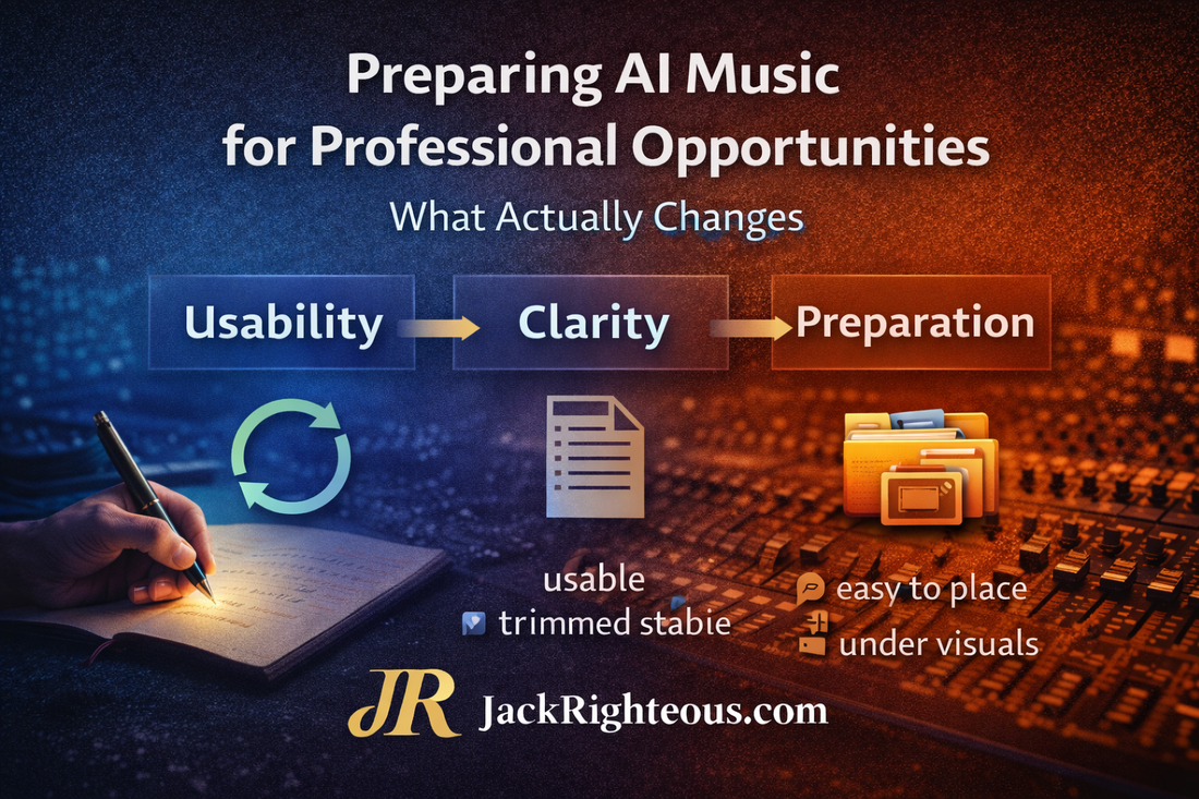 “Preparing AI Music for Professional Opportunities: What Actually Changes,” illustrating the transition from AI music creation to professional readiness through usability, clarity, and preparation, branded by JackRighteous.com