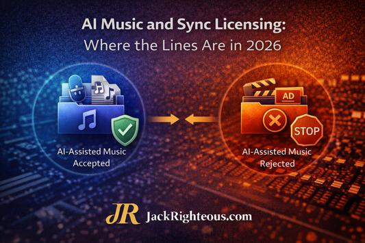 High-end editorial cover illustrating where AI-assisted music is accepted and rejected for sync licensing in 2026, featuring JackRighteous.com branding and JR creator mark.