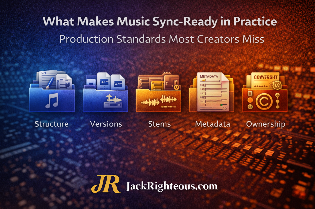 cover image for “What Makes Music Sync-Ready in Practice,” showing professional music production elements including structure, alternate versions, stems, metadata, and copyright ownership, branded with JR