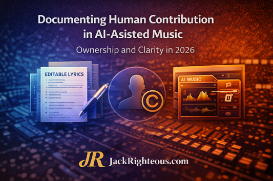 image for “Documenting Human Contribution in AI-Assisted Music,” showing a professional creator workflow with lyric drafts, version history, authorship records, and ownership clarity, branded with JR