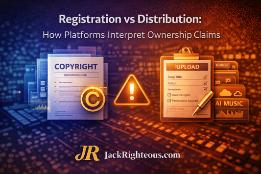 “Registration vs Distribution: How Platforms Interpret Ownership Claims,” illustrating the distinction between copyright registration and music distribution decisions for AI-assisted music, branded with JR and JackRighteous.com