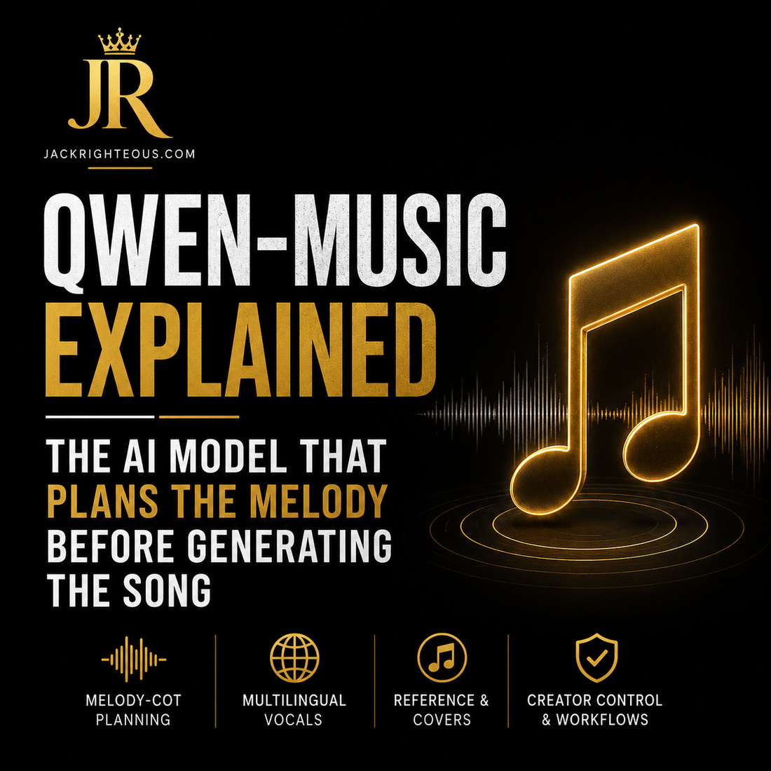 Jack Righteous Qwen Music report cover showing a glowing musical note and waveform for the Melody-CoT AI song generation model