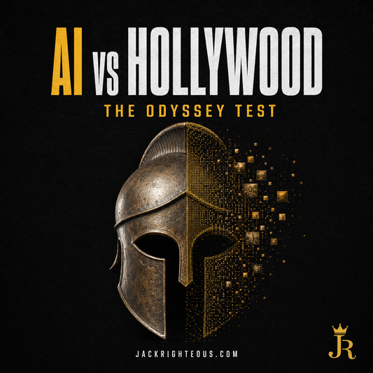 AI versus Hollywood Odyssey test with a bronze Greek helmet dissolving into gold digital pixels