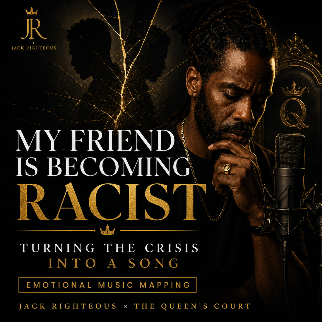 Jack Righteous reflecting beside a studio microphone while creating a song about a longtime friend becoming racist.