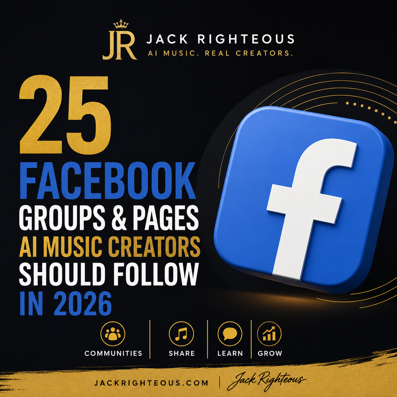 Jack Righteous guide to 25 Facebook groups and pages AI music creators should follow in 2026.