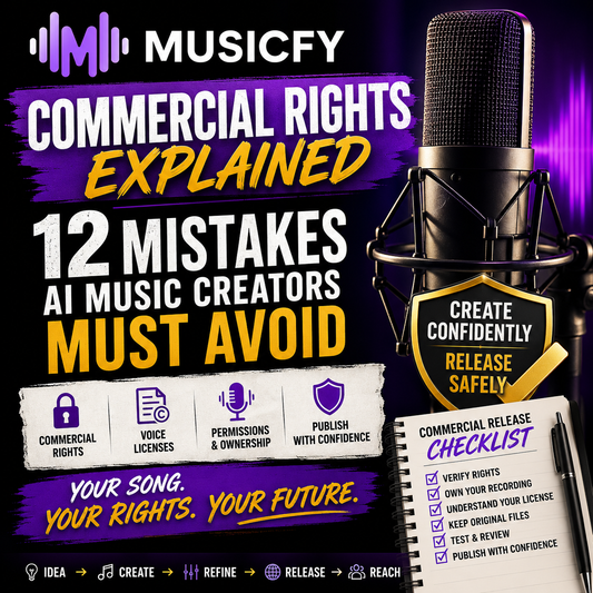 Musicfy commercial rights guide showing AI voice creation, licensing, creator workflow, and commercial release checklist.