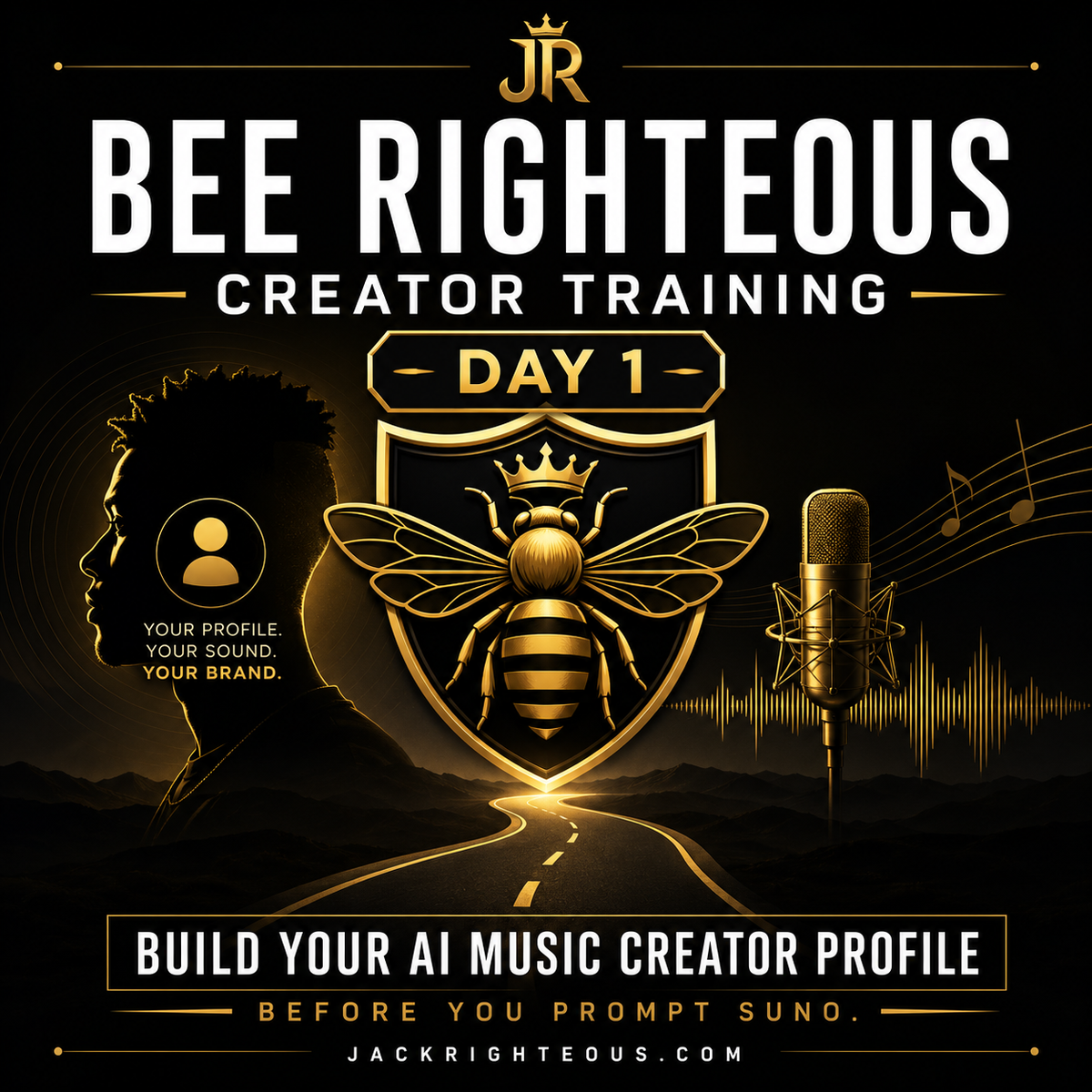 Bee Righteous Creator Training Day 1 cover featuring a gold bee crest, creator profile silhouette, studio microphone, soundwave, and road representing the path to building an AI music creator profile