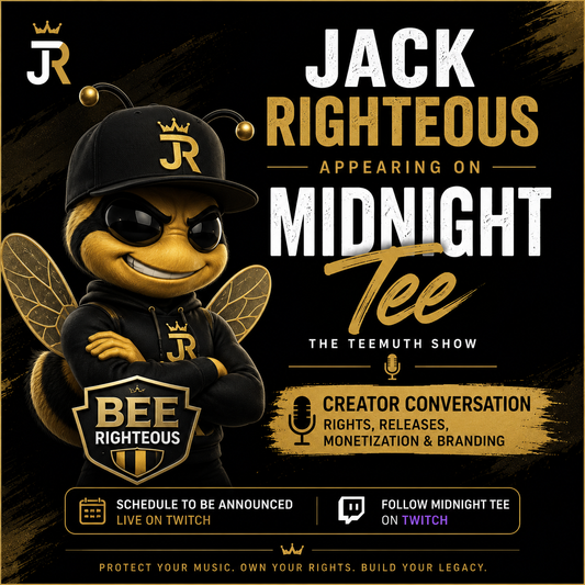 Bee Righteous announcing Jack Righteous appearing on Midnight Tee for an AI music conversation about rights, releases, monetization and branding