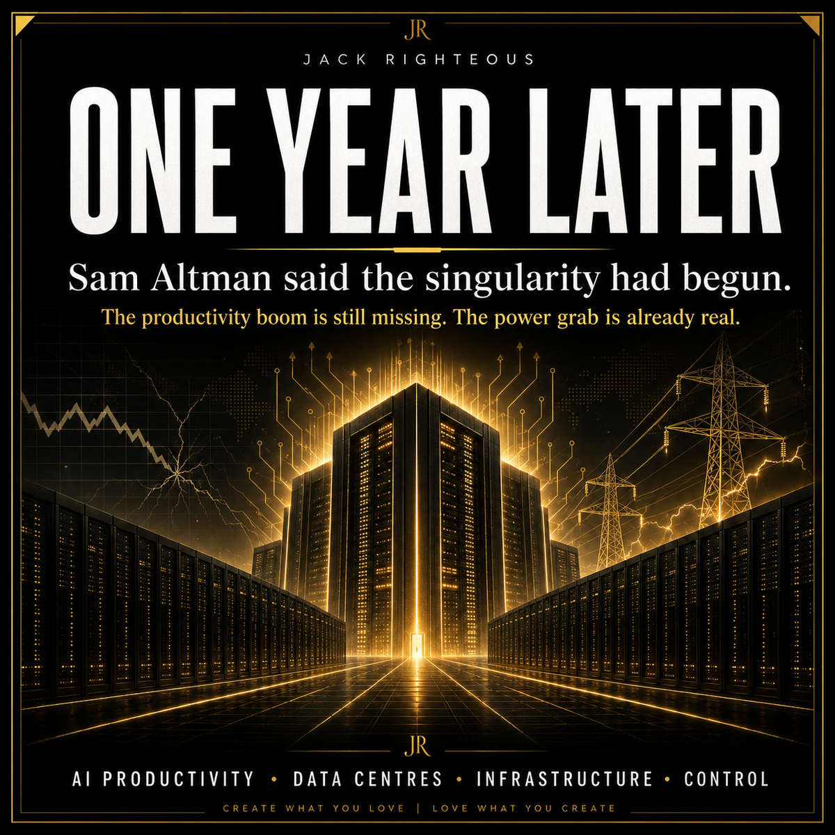 A black-and-gold Jack Righteous editorial cover showing a monumental data centre, power lines and a falling productivity chart beneath the headline One Year Later.