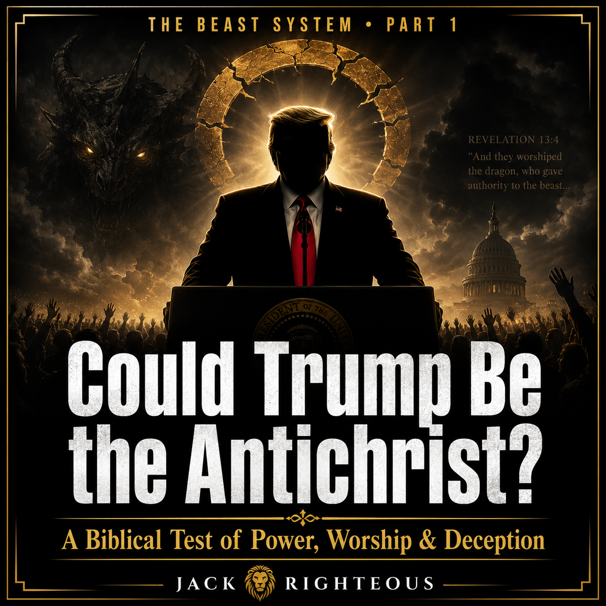Donald Trump-inspired political silhouette at a podium beneath symbolic Revelation imagery for an article asking whether Trump could be the Antichrist.