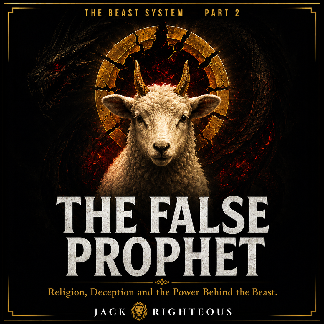 The False Prophet article cover featuring a lamb-like horned silhouette casting a dragon-shaped shadow, symbolizing religious deception and the power behind the Beast in Revelation 13.