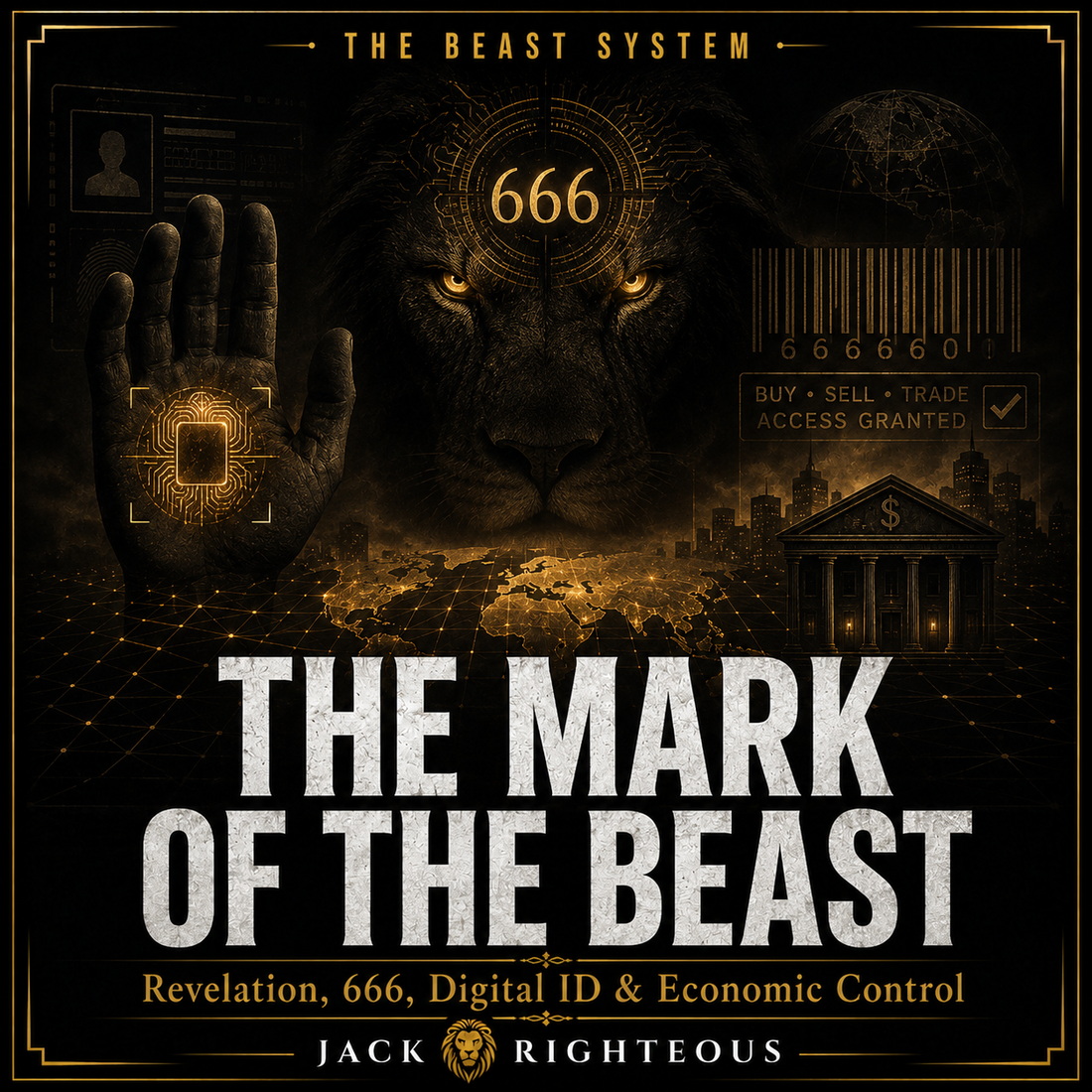 The Mark of the Beast article cover featuring a shadowed beast, 666, a biometric hand scan, digital identity graphics, global payment networks and economic access controls.