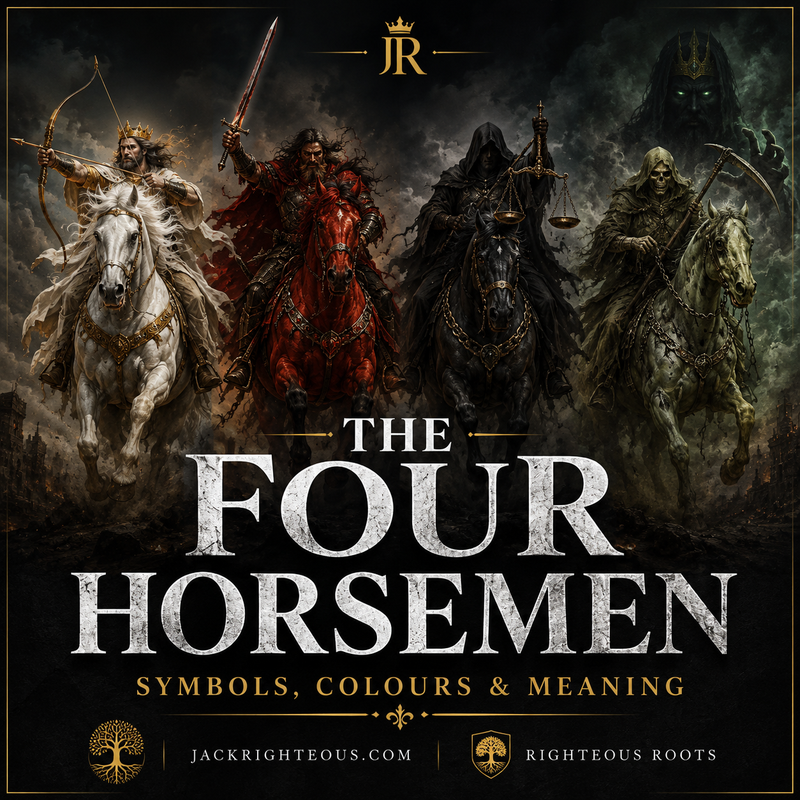 The Four Horsemen of the Apocalypse riding white, red, black and pale green horses, symbolizing conquest, war, scarcity and death in Revelation 6.