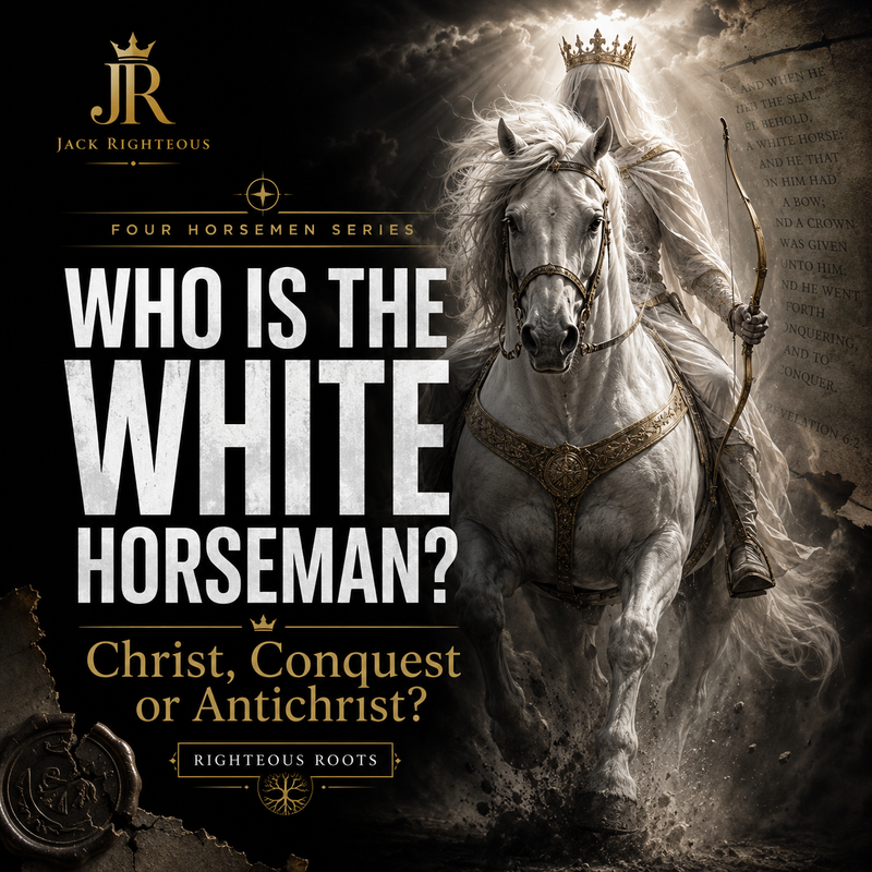 White Horseman of Revelation 6 riding a white horse with a bow and crown, symbolizing the debate over whether he represents Christ, conquest, empire or Antichrist.