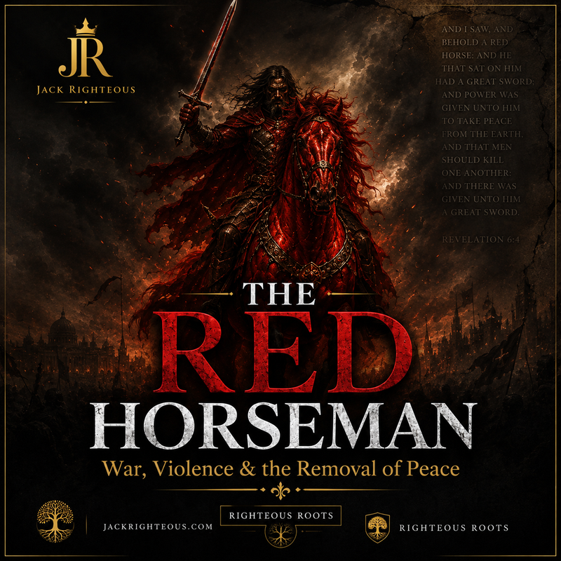 Red Horseman of Revelation 6 riding a fiery red horse with a great sword, symbolizing war, violence, bloodshed and the removal of peace from the earth.