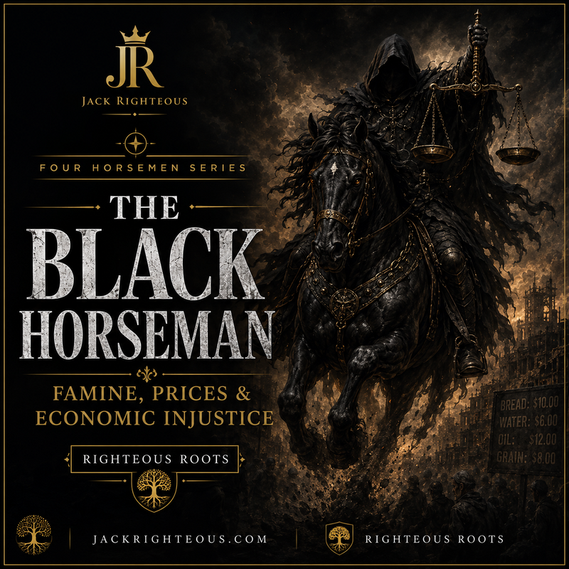 Black Horseman of Revelation 6 riding a black horse and holding balance scales, symbolizing famine, food scarcity, rising prices and economic injustice.