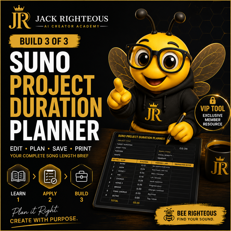 Bee Righteous Suno Project Duration Planner for editing, saving and exporting AI music production briefs.