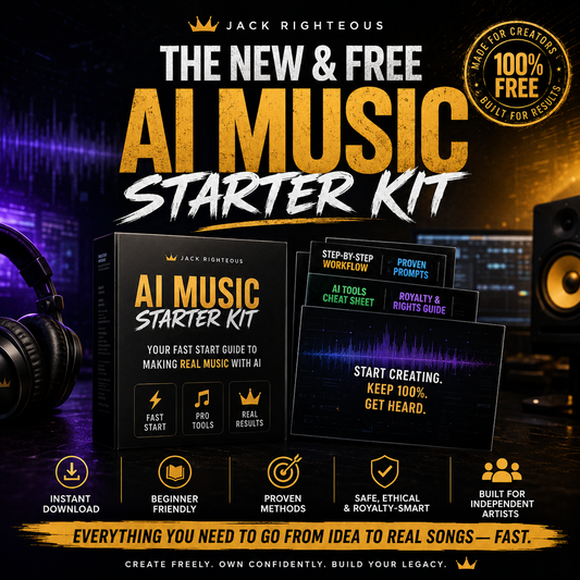 Free AI Music Starter Kit cover with guide, workbook, tracker, onboarding, and project guidance forms.