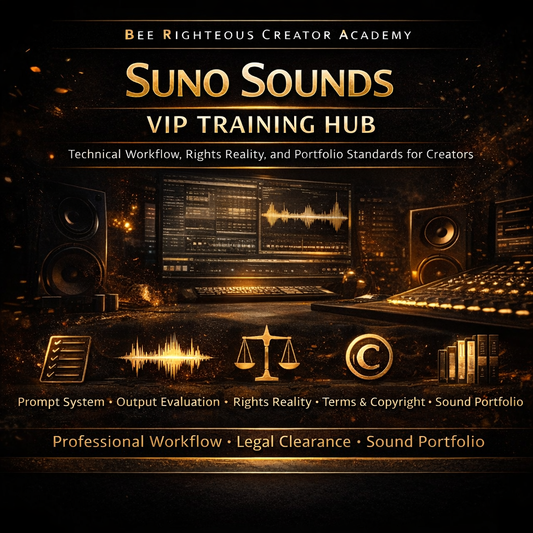 Bee Righteous Creator Academy Suno Sounds VIP Training Hub cover showing AI sound design workflow and creator sound library system.