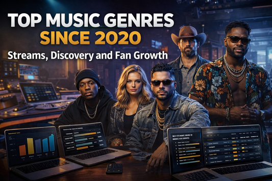Top music genres since 2020 cover showing artists and data screens representing streaming growth, discovery trends, and fan demand.