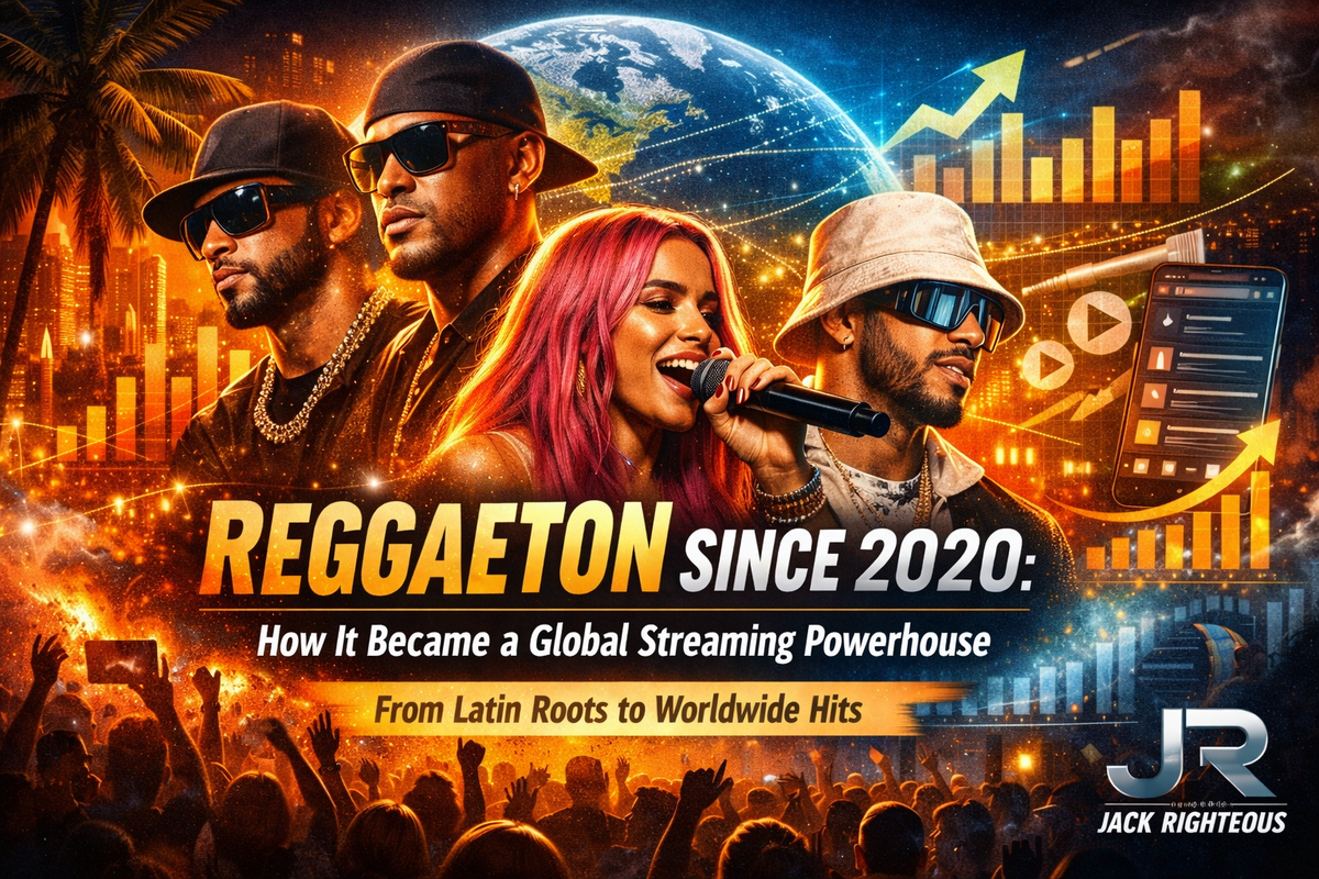 Reggaeton global rise since 2020 illustrated with Latin urban artists, streaming charts, and worldwide music discovery trends.