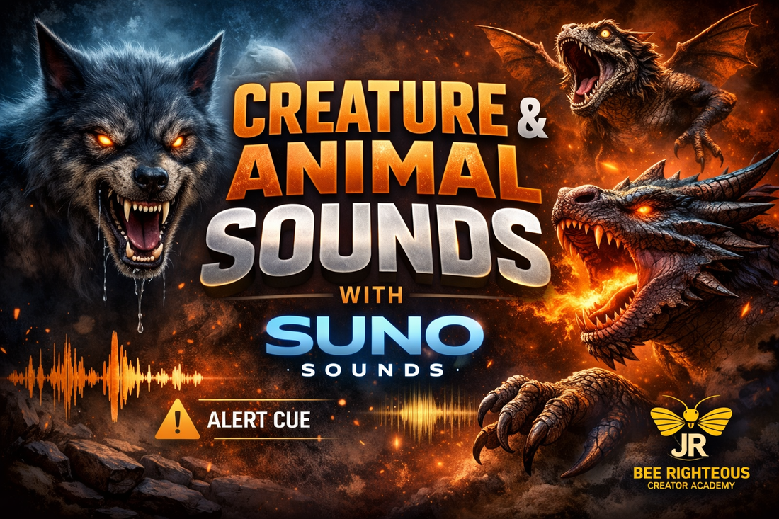 Creature and animal sound design with Suno Sounds featuring JR Bee Righteous branding and fantasy beast vocal effects.