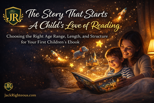 Children’s ebook creation guide banner showing parent reading to child with magical story elements and JR branding