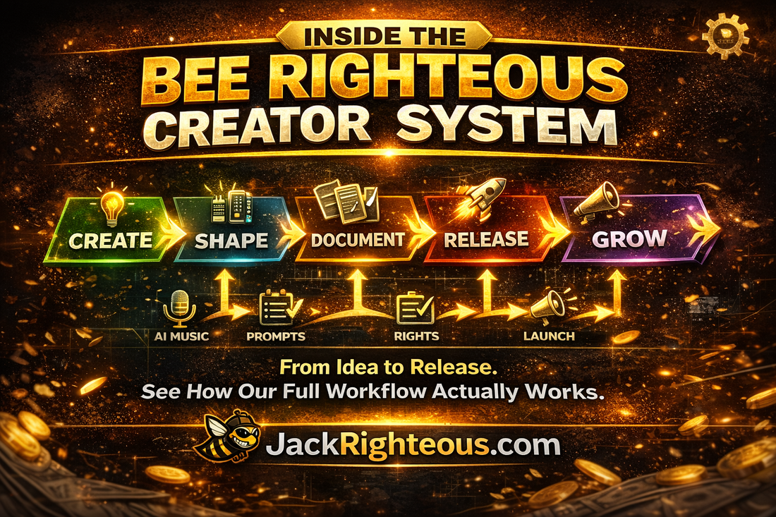 Bee Righteous Creator System workflow showing how AI music projects move from creation to release and creator growth.