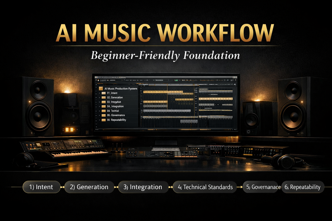 AI Music Workflow banner with studio setup, DAW screen, and six-pillar production system for beginner creators