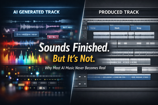 AI vs produced track comparison showing chaotic generation vs structured workflow in AI music creation system