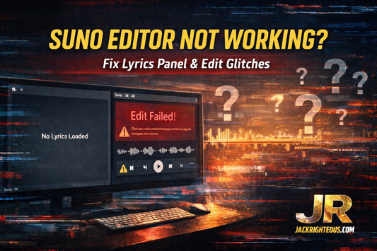 Suno AI editor glitch showing blank lyrics panel while editing lyrics with Suno troubleshooting guide by Jack Righteous