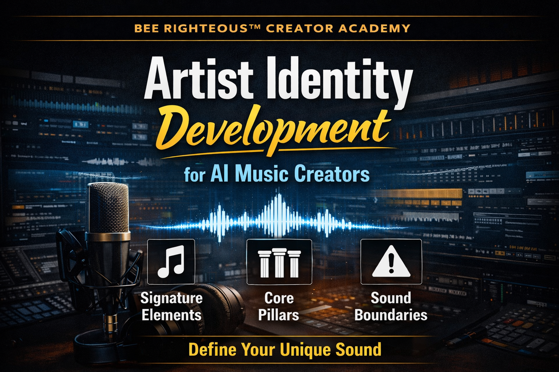 Artist Identity Development guide cover showing sonic branding pillars and signature sound framework for AI music creators.