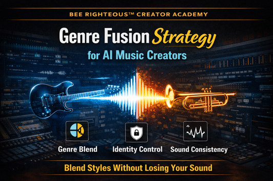 Genre fusion strategy cover showing blending music styles while maintaining a consistent sonic identity for AI music creators.
