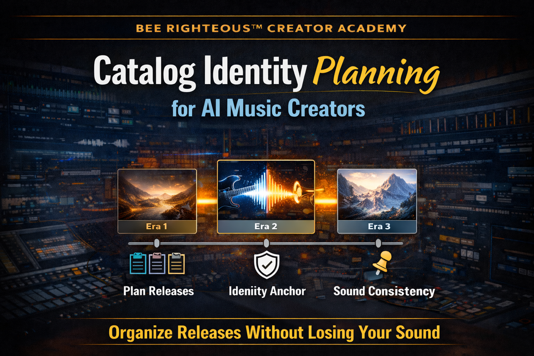 Catalog identity planning guide showing how AI music creators organize releases into eras while maintaining a consistent sound.