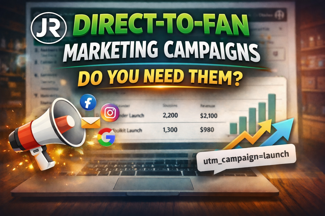 Direct-to-fan marketing campaigns dashboard with analytics charts, UTM tracking, and JR branding for creator growth strategy.