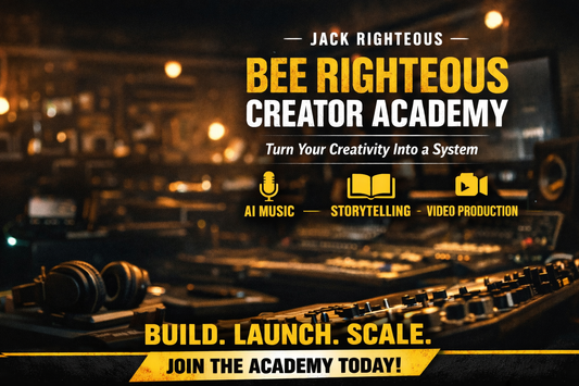 **SEO Image Description (≤125 characters):** Bee Righteous Creator Academy cover promoting AI music, storytelling, and video creator training with JR branding and academy signup CTA.