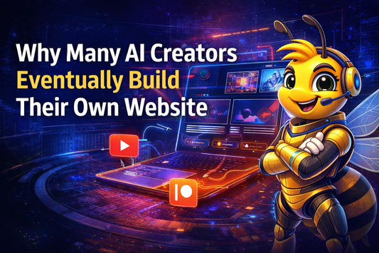 JR Bee mascot presenting creator website strategy for AI music, digital products, and direct-to-fan monetization on an owned domain.