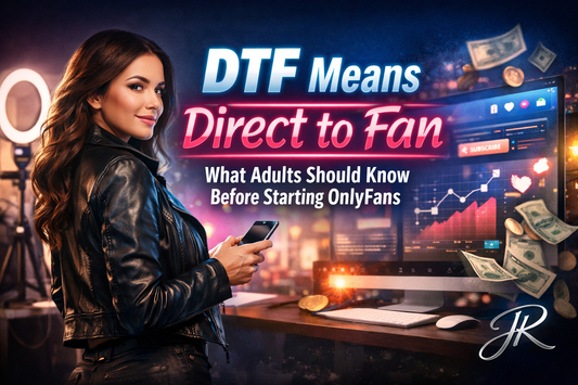 DTF Means Direct to Fan guide cover showing creator economy, subscription model, and monetization analytics with JR branding