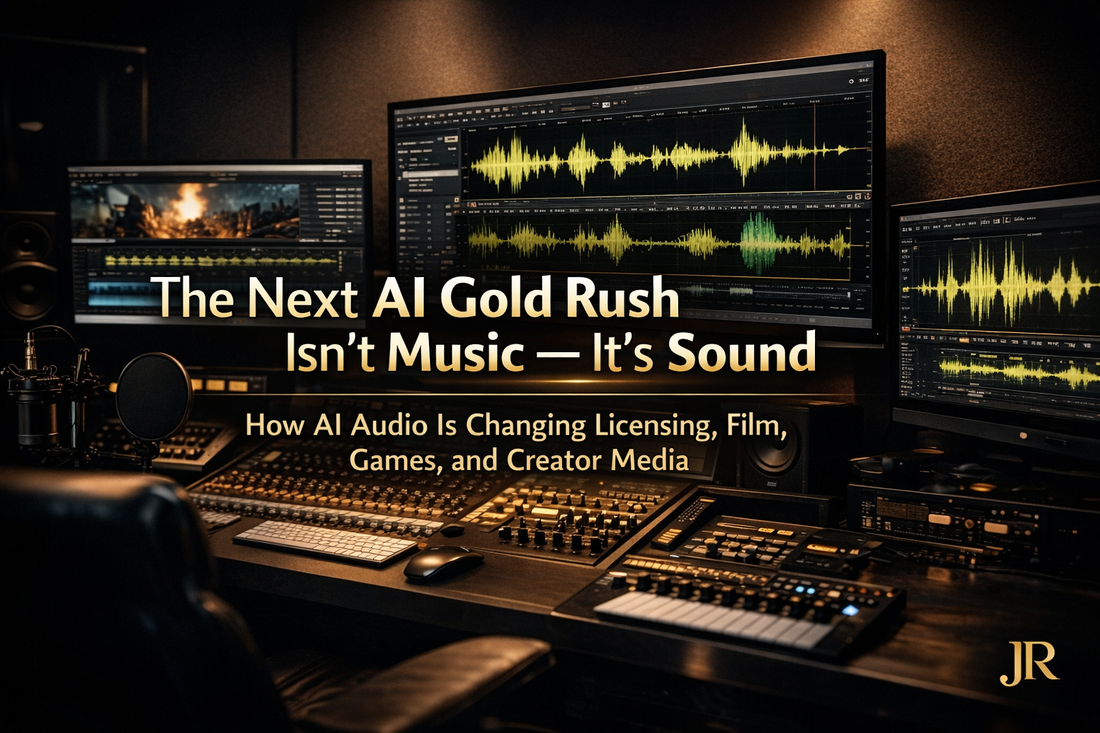 AI audio production studio showing sound design waveforms for film, gaming, and creator media with JR branding cover title.
