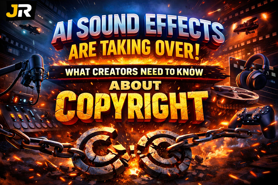 JR AI audio sound design cover showing film, gaming, and creator media sound effects with copyright and licensing theme.