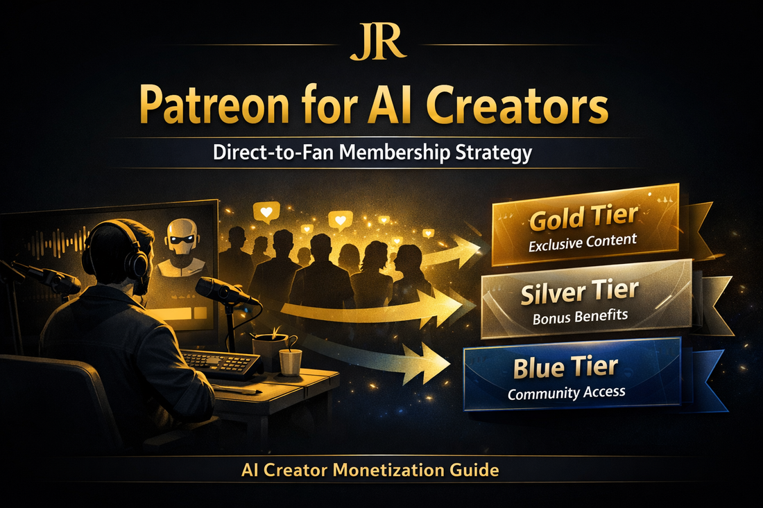 JR guide cover for Patreon strategy showing AI creator membership tiers and direct-to-fan monetization model.