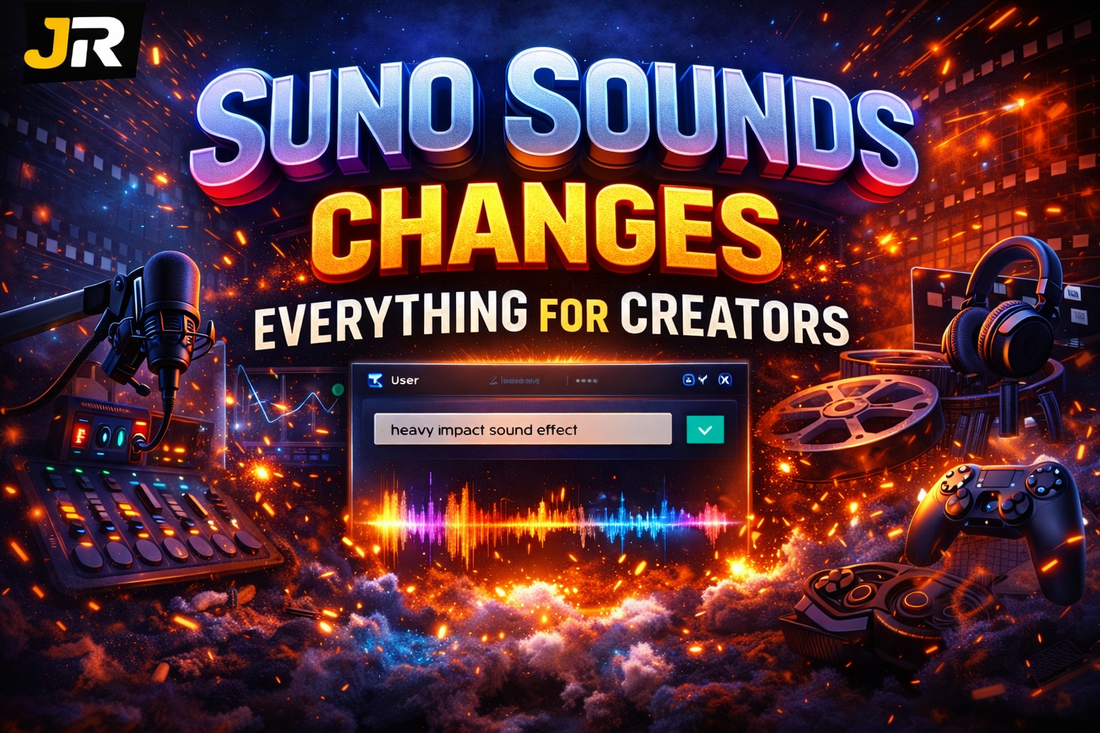 JR cover showing Suno Sounds generating AI sound effects, loops, and ambience for video, gaming, and creator media workflows.
