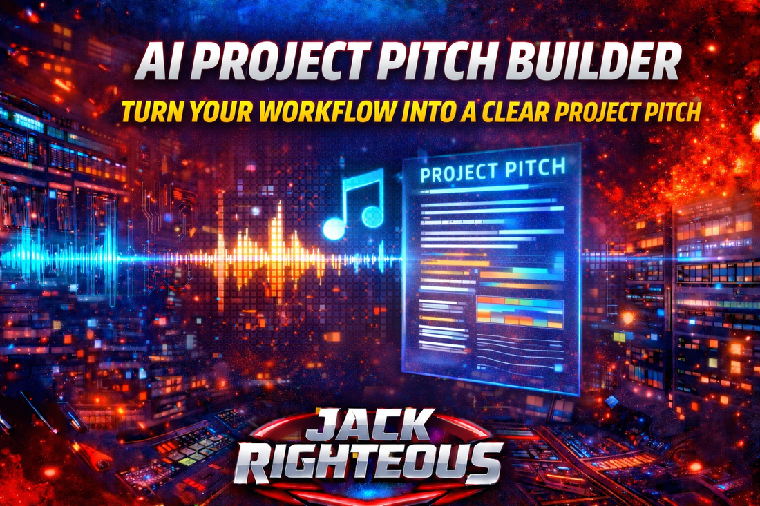 AI project pitch builder tool for turning a music creation workflow into a clear project concept and presentation sheet.