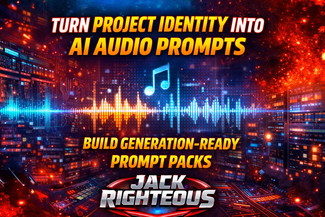 AI audio prompt engineering tool by Jack Righteous for turning project identity into structured generation-ready music prompts.