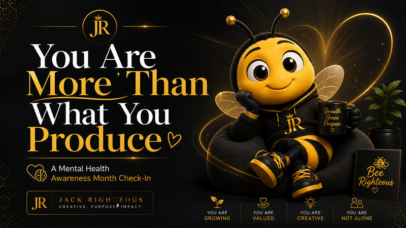 Bee Righteous mascot beside “You Are More Than What You Produce” Mental Health Awareness Month caption.