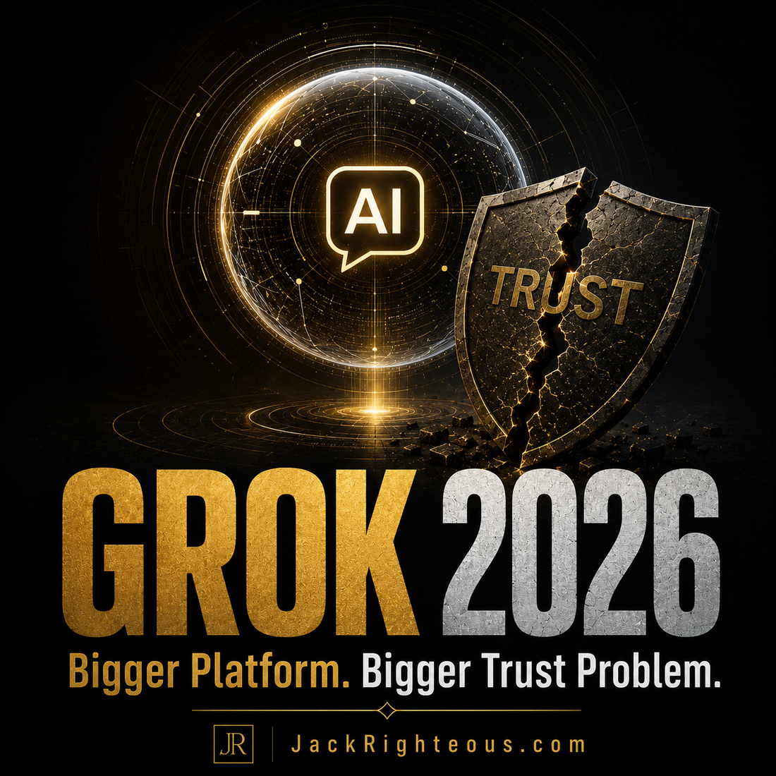 Grok 2026 cover showing a glowing AI orb and cracked trust shield on a black and gold background.