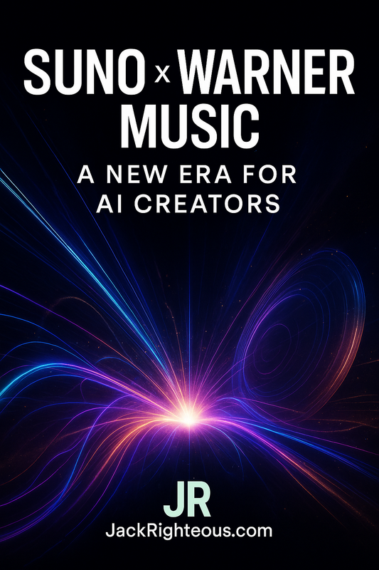Explosive neon digital artwork with streaks of light representing AI energy. Title reads “Suno × Warner Music – A New Era for AI Creators” with JR and JackRighteous.com at bottom center.