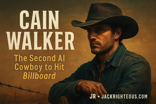 Cain Walker AI country singer cover image — rugged cowboy portrait in denim and hat, western color palette with subtle digital glitch effect, title text and JR JackRighteous.com branding.