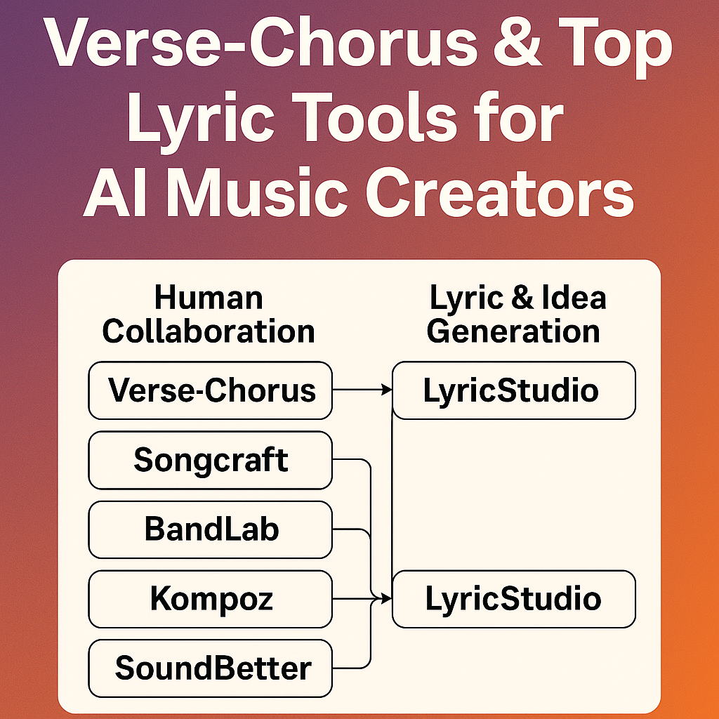 Blog cover showing the title "Verse-Chorus & Top Lyric Tools for AI Music Creators" over a purple-orange gradient, featuring comparison chart of songwriting platforms, branded with JR and JackRighteous.com.