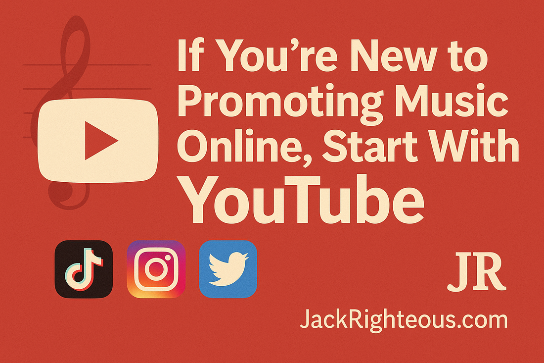 Red-background blog cover that reads "If You’re New to Promoting Music Online, Start With YouTube" with a large YouTube logo, smaller TikTok, Instagram, and Twitter icons beneath, and branding for JR and JackRighteous.com on the right side.